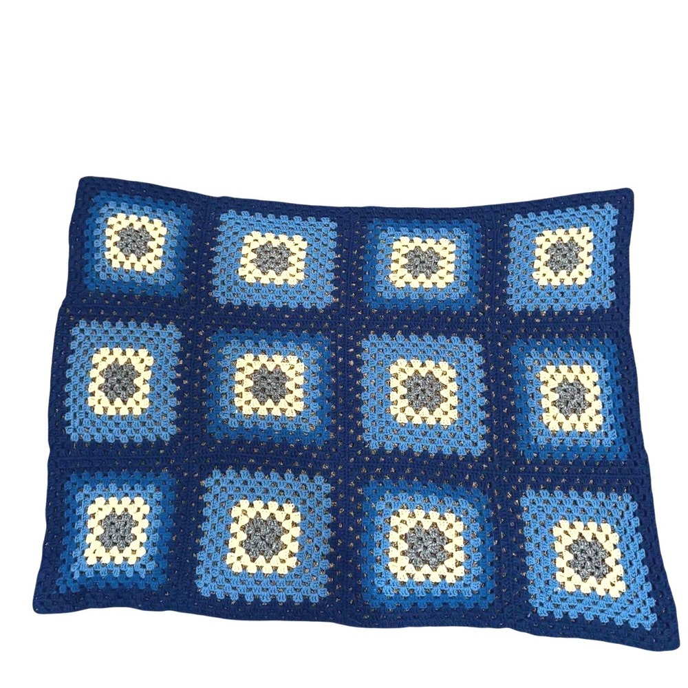 Vintage Hand Crochet Granny Square Throw Blanket Blue Cream Sparkling Grey 58x40